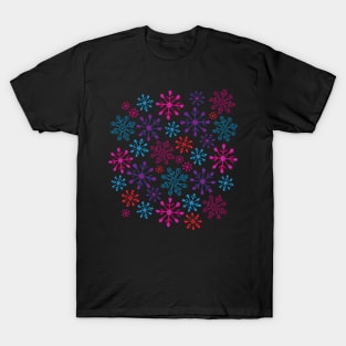 SNOWFLAKES Christmas Xmas Winter Holidays in Non-Traditional Fuchsia Pink Purple Blue Red on Black - UnBlink Studio by Jackie Tahara T-Shirt